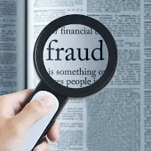 A magnifying glass highlights the word "fraud" in a dictionary, emphasizing the concept's definition and importance in financial contexts.