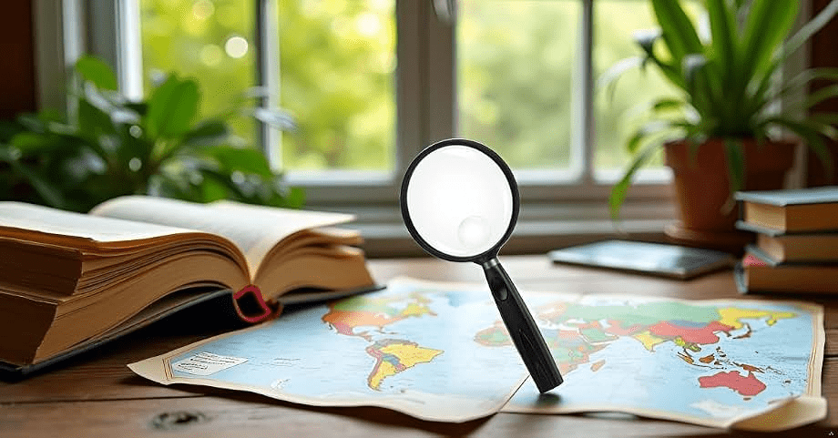 Magnifying glass rests atop a colorful world map, surrounded by books and greenery, suggesting exploration and discovery.